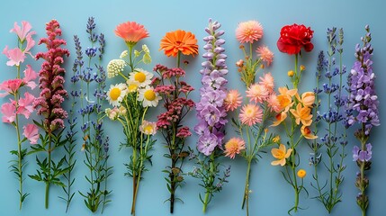 Wall Mural - **Various flower shoots sprinkle isolated on a solid alice blue background