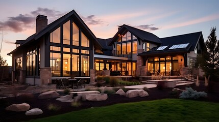 Wall Mural - Panorama of luxury modern house with garage and pool at dusk.