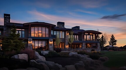 Wall Mural - A panorama of a modern house with a beautiful sunset in the background
