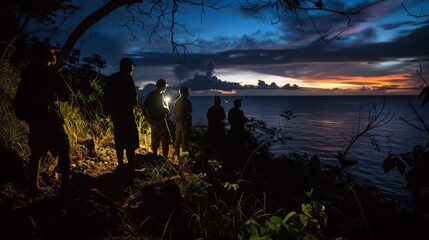 Poster - As night fell on the island, the team hunkered down, knowing that they would need to remain vigilant against the unknown dangers that lurked in the darkness.