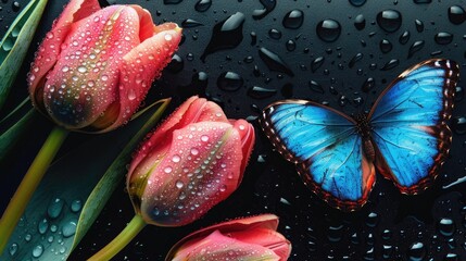 Canvas Print - Blue morpho butterfly and tulip flowers on black background with dew drops Butterfly and tulip buds with empty spaces