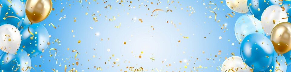 High-Resolution AI-Generated Wallpaper Featuring Golden Party Balloons and Confetti with '2025' Text. 3D Illustration for Birthday, Anniversary, and Holiday Celebrations with Blue Banner and Ribbons.