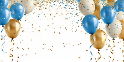 High-Resolution AI-Generated Wallpaper Featuring Golden Party Balloons and Confetti with '2025' Text. 3D Illustration for Birthday, Anniversary, and Holiday Celebrations with Blue Banner and Ribbons.