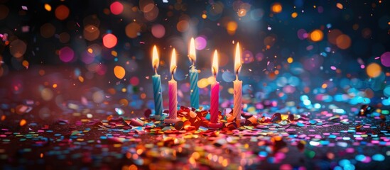 A row of four candles are lit on a table with colorful confetti