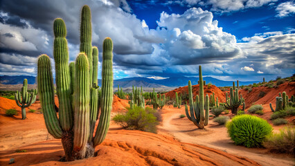 Wall Mural - big cactuses in red desert, tatacoa desert, colombia, latin america, clouds and sand, red sand in desert