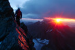 © song - Triumphant Hiker Standing on Mountain Summit at Sunrise, Gazing into the Horizon