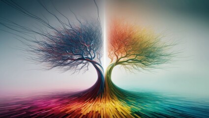 A digital painting of a tree with two sets of branches, one blue and one orange, that appear to be splitting off in different directions