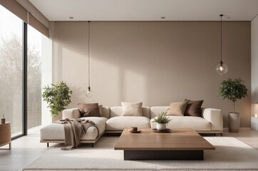 Poster - Modern minimalist living room interior design with white sofa wooden coffee table and potted plants neutral color palette