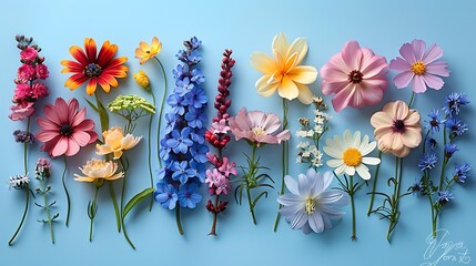 Wall Mural - **Various flower shoots sprinkle on a solid light blue background