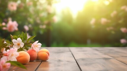 Wall Mural - Ripe peaches on wooden table with peach tree background. A bunch of fresh peaches was placed on a wooden table with peach tree with blurring background. Harvest and organic fruit concept. AIG35.