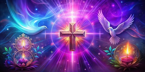 of a vibrant digital artwork featuring religious symbols and themes including the cross, bible, and dove , god, spiritual, grace, faith, art, christianity, easter, jesus christ, holy