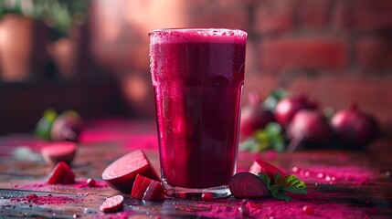 Poster - **Vibrant beetroot juice poured into a tall glass, standing out against a minimalist, solid-colored backdrop.