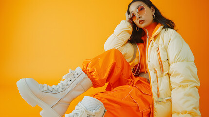 Wall Mural - Fashion asian female model Orange dress down jacket white boots sunglasses Asian fashion : Generative AI