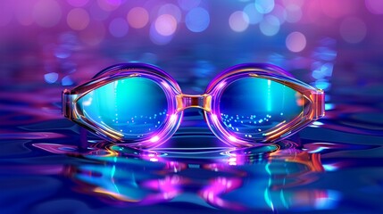 Stylized illustration of swimming goggles with water splashes, vibrant colors, abstract reflections, clean lines, contemporary vector art