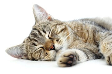 Adorable orange tabby kitten laying on white surface. Cute animal portrait