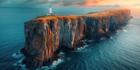Wall Mural - Lighthouse on a Rugged Cliffside at Sunset
