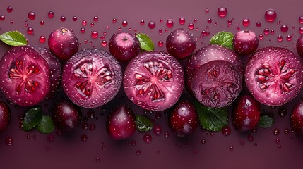 Poster - **Vibrant jabuticaba slices sprinkle isolated on a solid burgundy background