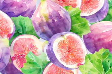Wall Mural - Watercolor fruit pattern, sweet figs, soft purple and pink hues, fresh green leaves, intricate details
