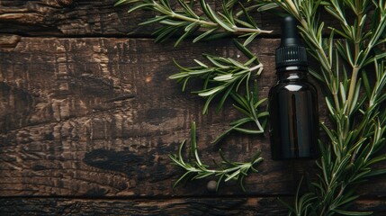 Poster - Essential oil of rosemary in dark bottle with fresh rosemary on wooden surface and empty space for text