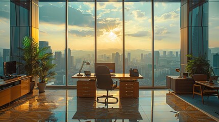 Poster - Modern office with stunning city skyline view.