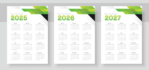 Wall Mural - Calendar 2025, calendar 2026 and calendar 2027. The week starts on Sunday. Corporate design planner template. Pocket or wall formats. Organizer in English.