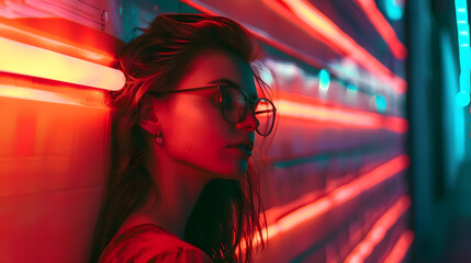 Teen hipster girl in stylish glasses standing on red tunnel with neon light wall background female teenager fashion model pretty young woman looking at night club city light glow : Generative AI