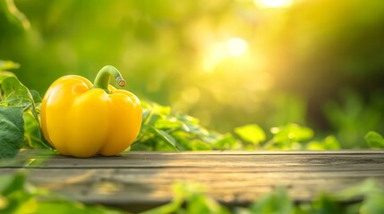 Wall Mural - Yellow bell pepper on wooden table with blurred garden background. Summer nature, sunlight and space for text. Wide panoramic banner with copy space.