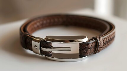 Wall Mural - A leather bracelet with a silver clasp on a white surface.