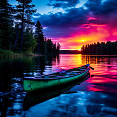 Wall Mural - A red canoe floating on a lake at sunset. The sky is ablaze with orange, pink, and purple hues, and the water reflects the colorful light.


