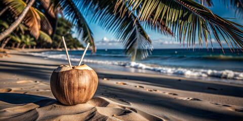 Coconut with straws on sandy beach