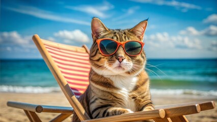 Wall Mural - cute cat in sunglasses with sunglasses lying on the beach.summer vacation and travel concept