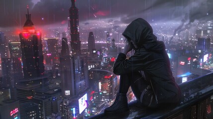 Silhouette woman sitting on top of a building looking at the cyberpunk night city Background wallpaper AI generated image