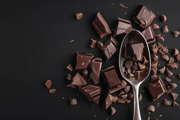 Wall Mural - Broken black chocolate pieces and chocolate chip in small spoon on black background. Copy space. Generative ai