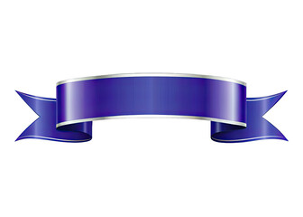 a blue ribbon banner with a silver trim is isolated on a white background. the banner is curved and 