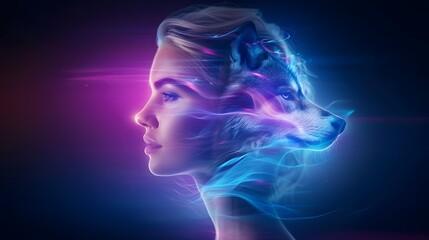 Wall Mural - A conceptual image of a woman with radiant purple, blue, pink, and magenta hair, her face blending with a wolf's, creating a spiritual and mystical atmosphere. List of Art Media Photograph inspired