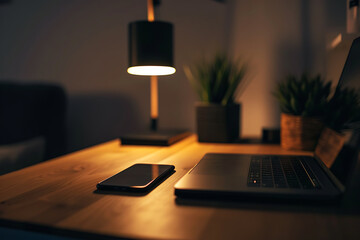 A modern desk with a Phone and laptop, in a dark room, with a wooden table and cozy light from the lamp on top of it.