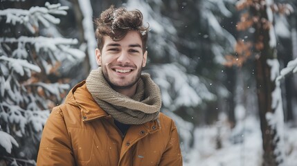 Wall Mural - Portrait of a handsome young man smiling in a winter forest, wearing a scarf and jacket, looking at the camera. Beautiful natural background with a snowy mountain landscape. The portrait shot was take