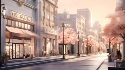 A panoramic shot of a city street in the early morning