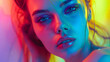 © Generative AI - Beauty high fashion model girl in colorful bright neon lights posing in studio Portrait of beautiful woman in UV Art design colorful make up On colourful vivid glowing background art d : Generative AI