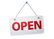 © SNK - A white sign with the word OPEN in red lettering is hanging from a silver chain against a white background. Generative AI
