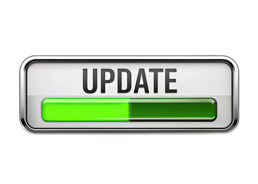 A close-up of a silver button with the word UPDATE in black text and a green progress bar, isolated on a white background. Generative AI