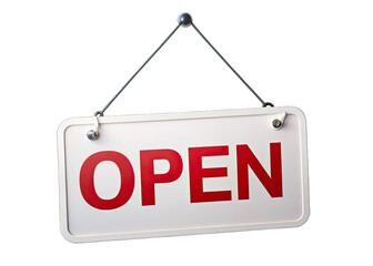 Wall Mural - a white sign with red lettering, displaying the word open, is hanging on a silver chain against a wh