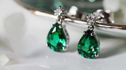 Wall Mural - A pair of emerald drop earrings on a white surface.