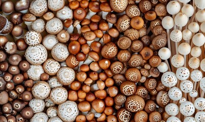 Variety of mushrooms brown white small in a horizontal line, Generative AI