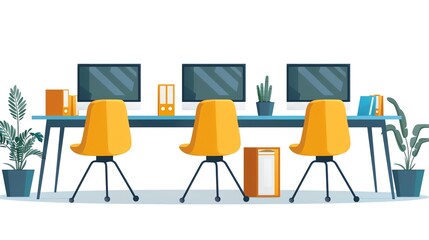 Poster - Illustration of a modern office workspace with three computer workstations, yellow chairs, and plants.