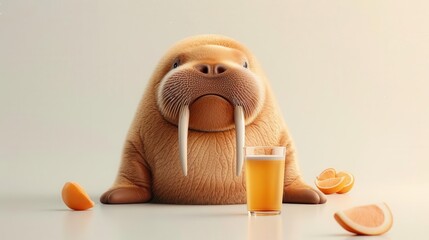 Wall Mural - 3D illustration of a baby walrus with orange juice, clean white background, cute and aquatic