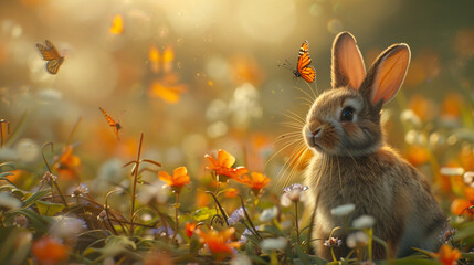 Playful bunny chases butterflies in a field of wildflowers, fluffy ears bouncing.