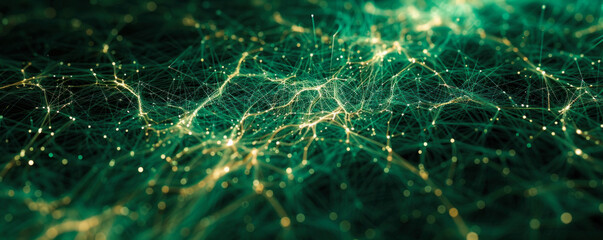 Poster - A green and gold image of a web of lines and dots. The image is abstract and has a futuristic feel to it