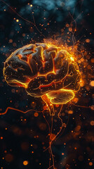 Poster - A brain with a lot of glowing spots on it. The brain is surrounded by a lot of sparks and it looks like it's on fire