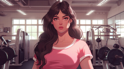 Wall Mural - A woman with long hair is standing in a gym. She is wearing a pink shirt and has a serious expression on her face. Concept of determination and focus, as if the woman is ready to work out